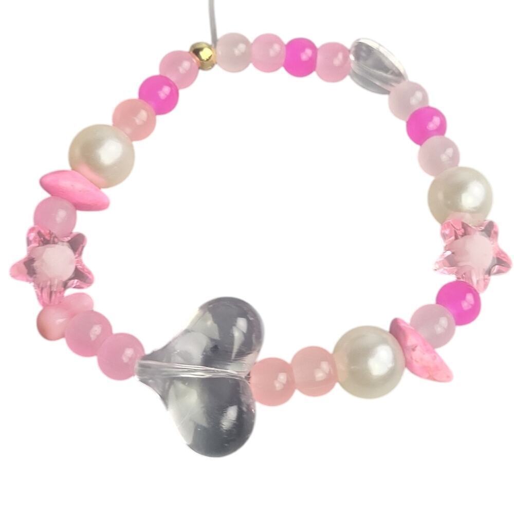 Pink Glass Acrylic Bead Star Candy Heart Shapes Pearl Bracelet